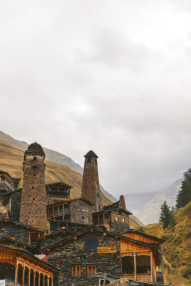 Traditional stone towers and stone and wooden homes in the historic village of Dartlo, Dartlo, Tusheti National Park, Akhmeta Municipality, Kakheti Region, Georgia