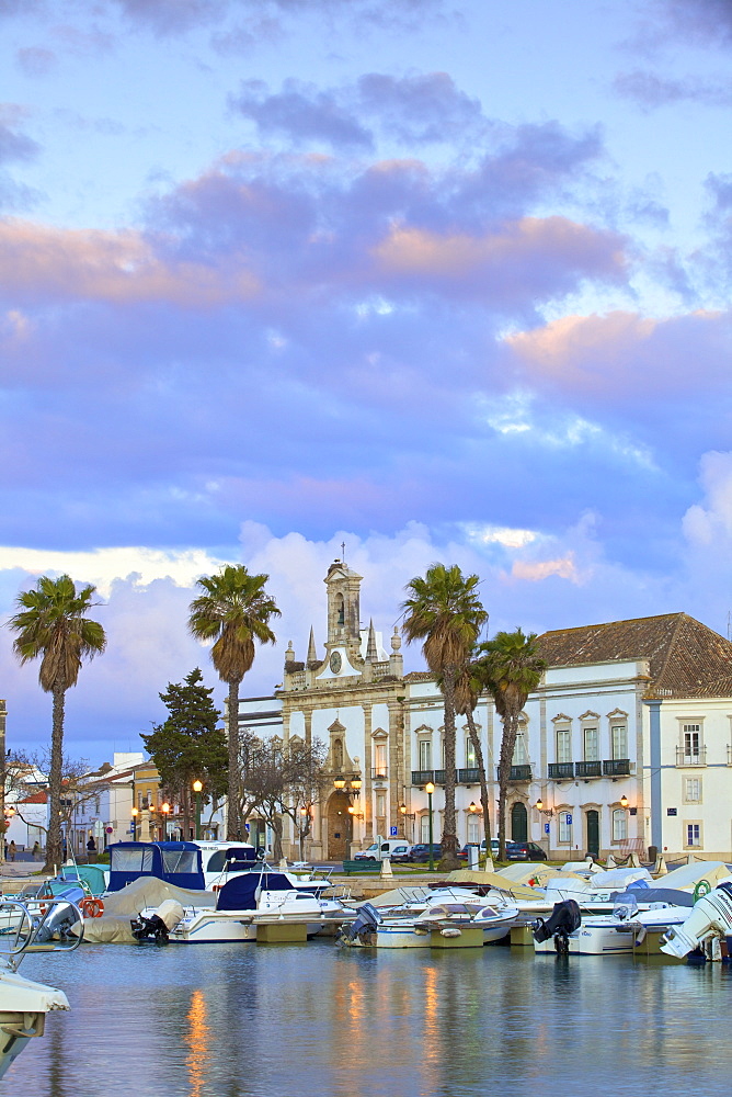 View of Arco da Vila across The Harbour, Faro, Eastern Algarve, Algarve, Portugal, Europe