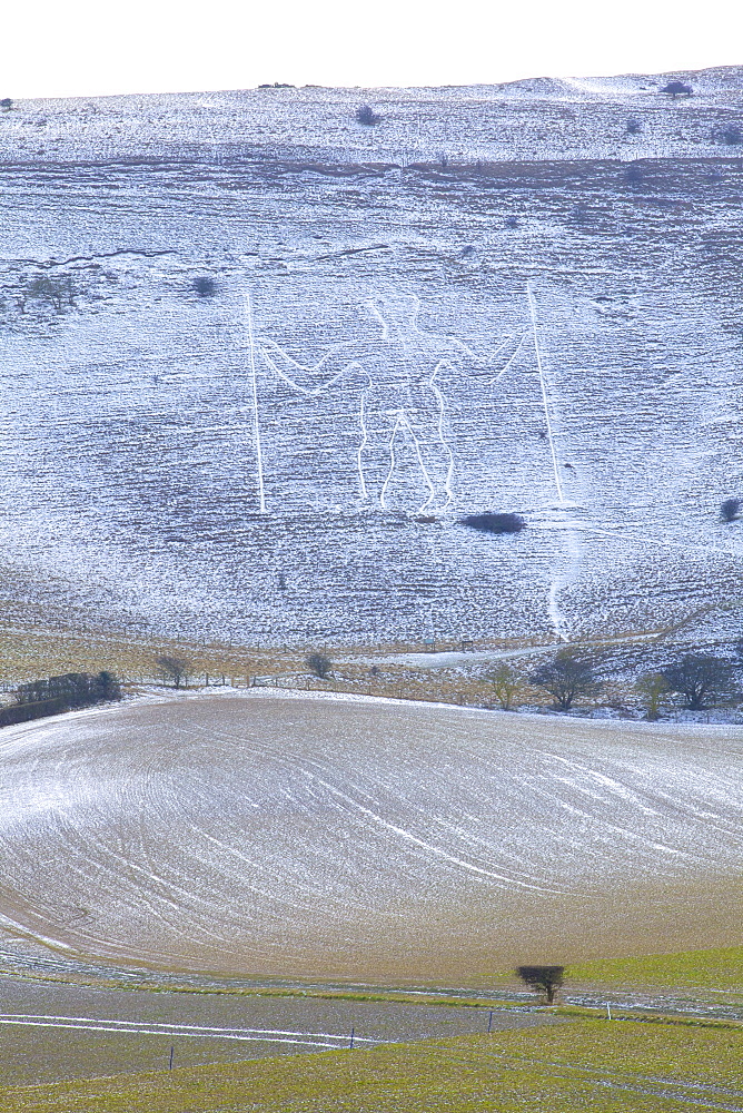 Snow covered Long Man of Wilmington, Wilmington, South Downs, East Sussex, England, United Kingdom, Europe