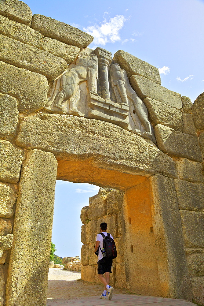 The Lion Gate, Mycenae, UNESCO World Heritage Site, Argolis, The Peloponnese, Greece, Europe