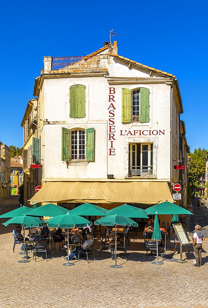 Facade of Brasserie L'Aficion, Arles, Bouches-du-Rhone, Provence-Alpes-Cote d'Azur, France, Western Europe