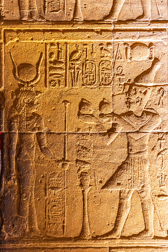 Stone Carvings and Hieroglyphs in The Sanctuary at The Temple of Isis, Philae Temple Complex, UNESCO World Heritage Site, Agilkia Island, Aswan, Egypt, North Africa, Africa