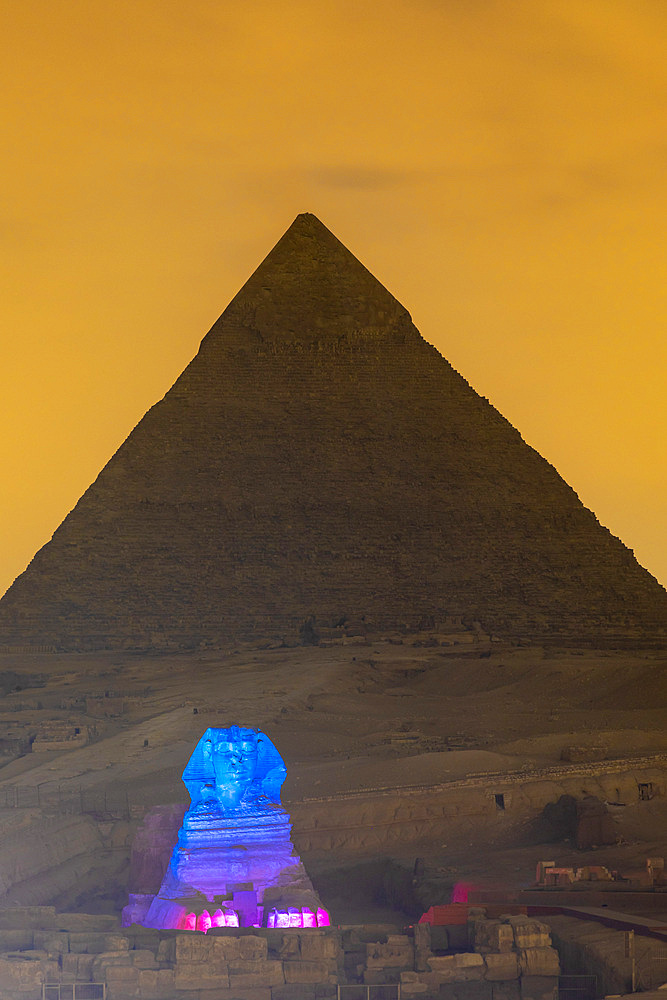 The Great Sphinx of Giza and The Pyramid of Khafre illuminated, UNESCO World Heritage Site, Giza, Egypt, North Africa, Africa