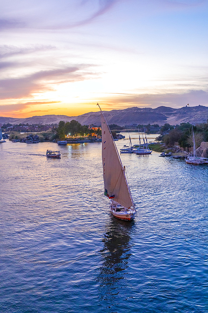 Feluccas on The River Nile at sunset, Aswan, Egypt, North Africa, Africa