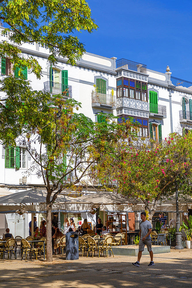 Shops and Restaurants on the Passeig de Vara de Rey, Ibiza Town, Ibiza, Balearic Islands, Spain, Mediterranean, Europe