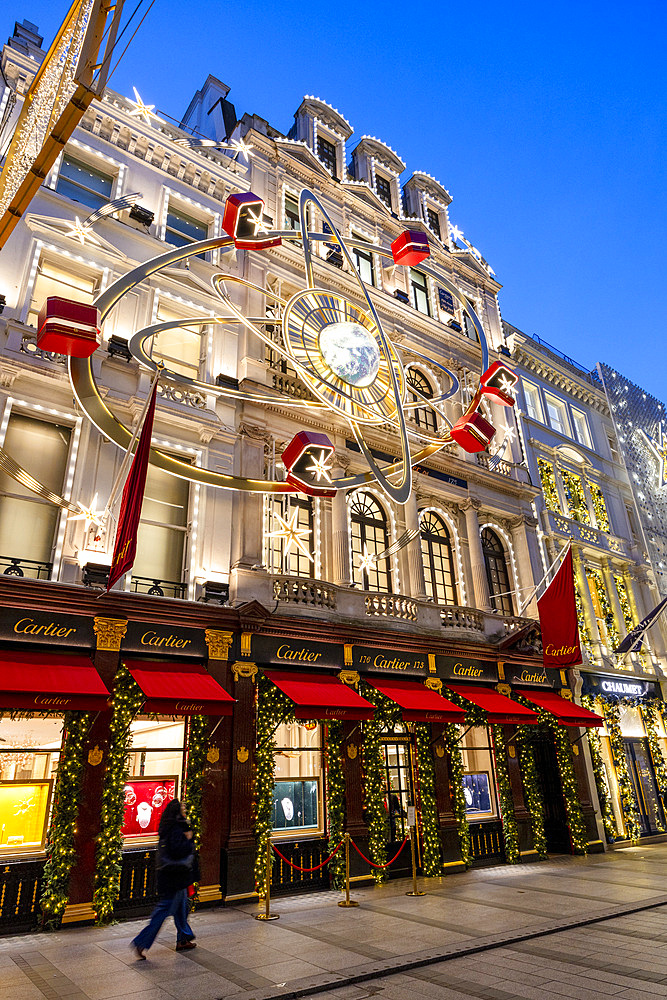 Cartier London New Bond Street Shop with Christmas Decorations at dusk, London, England, United Kingdom