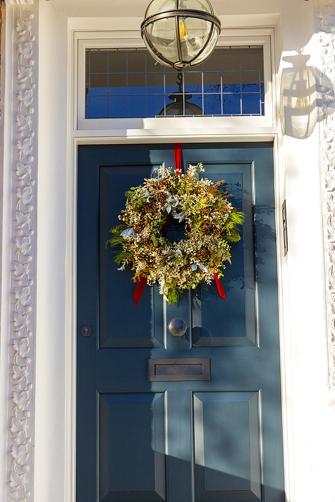 Christmas Wreath on Front Door, London, England, United Kingdom