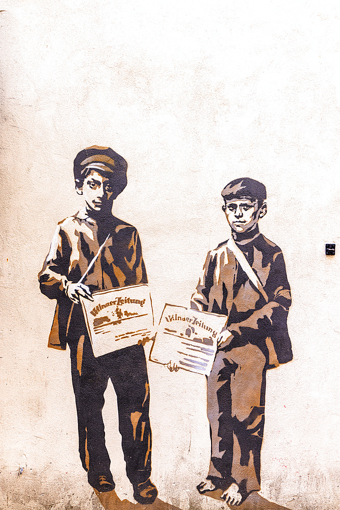 Mural Illustrations of Jewish People in the Jewish Quarter, Vilnius, Lithuania, Northern Europe