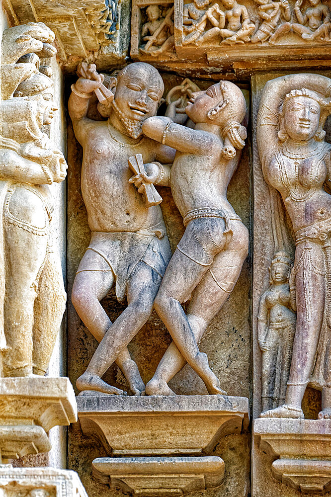 Sculptures on the walls of Lakshmana Temple, Khajuraho Group of Monuments, UNESCO World Heritage Site, Madhya Pradesh state, India, Asia