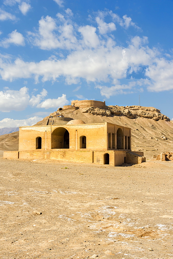 Ruins of ritual buildings in front of Dakhmeh Zoroastrian Tower of Silence, Yazd, Iran, Middle East