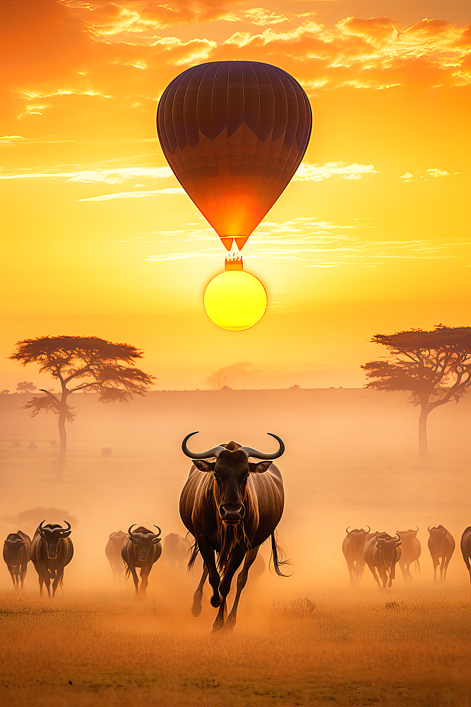 Colorful hot air balloons flying over a group of wildebeest in the African savannah, AI Generated, Africa