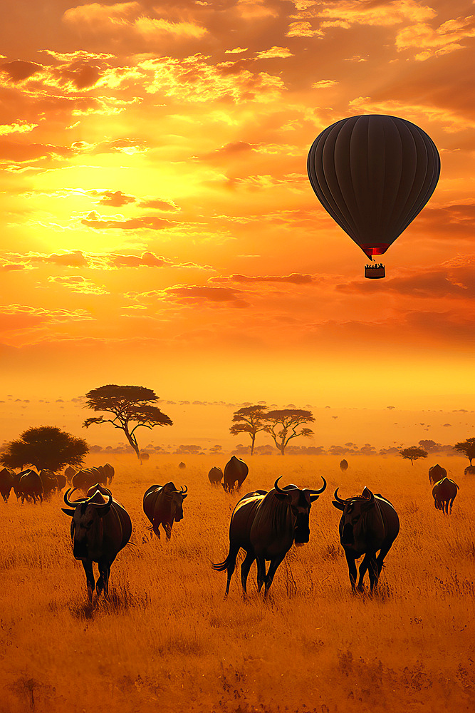 Colorful hot air balloons flying over a group of wildebeest in the African savannah, AI Generated, Africa