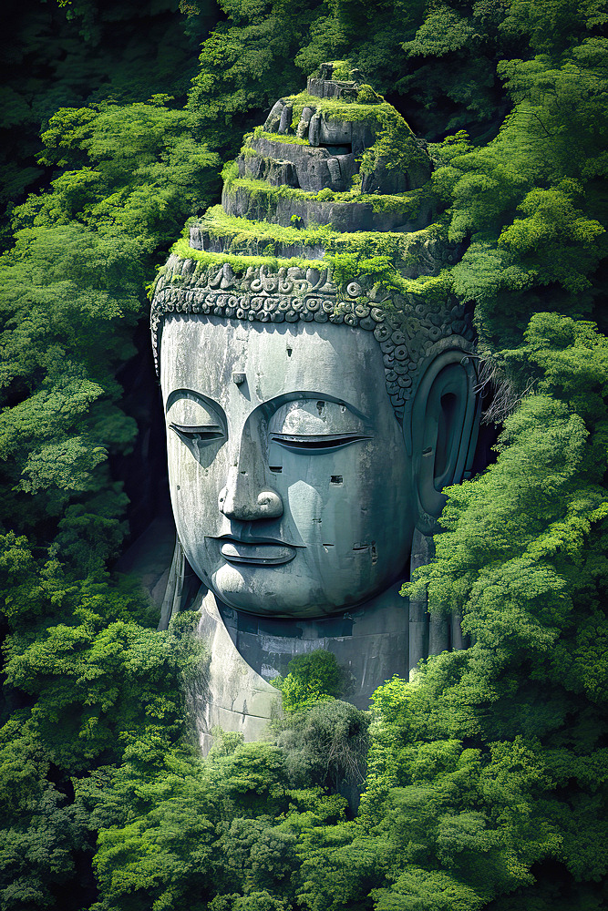 Aerial view of a Giant Buddha head surrounded by an Asian tropical forest, AI Generated, Asia