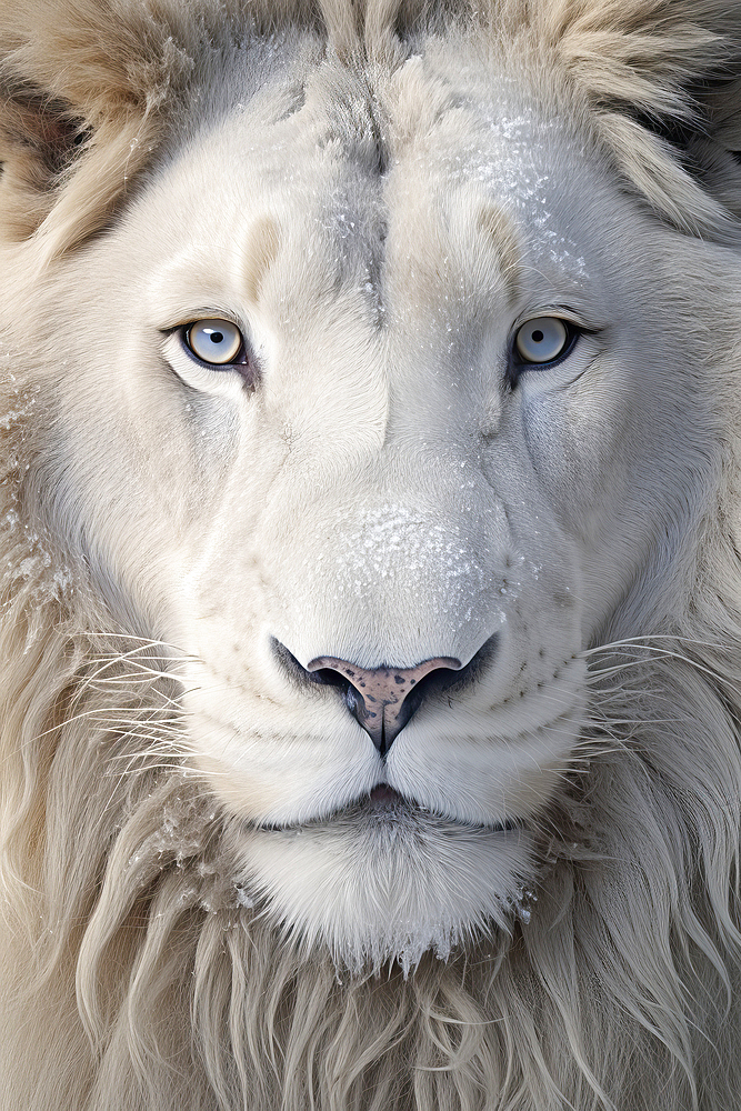 AI generated portrait of a White Male lion in a snowy environment