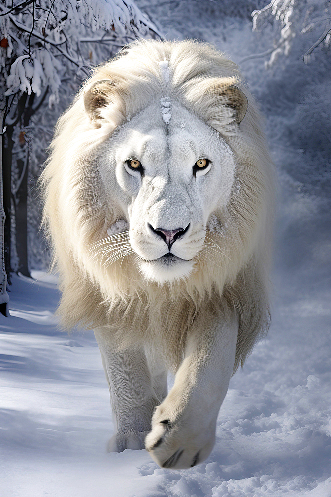 AI generated portrait of a White Male lion in a snowy environment