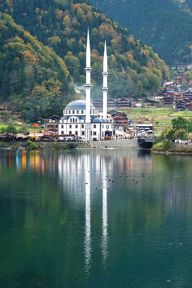 Uzungol Mosque reflected in the lake, Trabzon, Turkey, Asia Minor, Asia