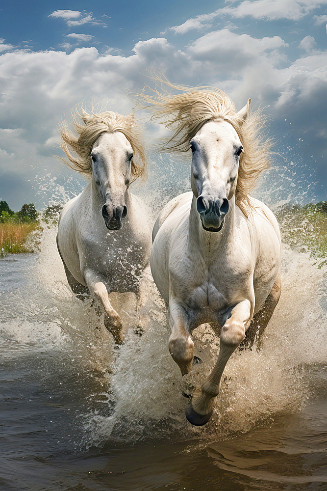 AI generated image of Two white horses running in the water