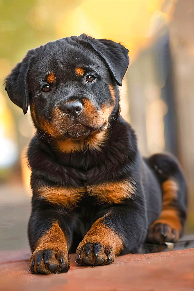 AI generated image of a Cute rottweiler sitting on the ground and looking curiously in the camera