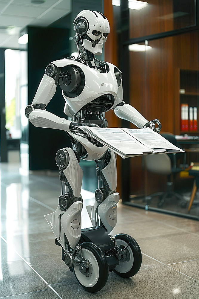 AI generated image of a Humanoid robot on wheels carrying and distributing documents in an office environment