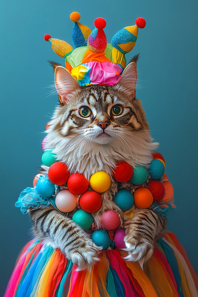 AI generated image of Bengal cat dressed in colorful carnival clothing