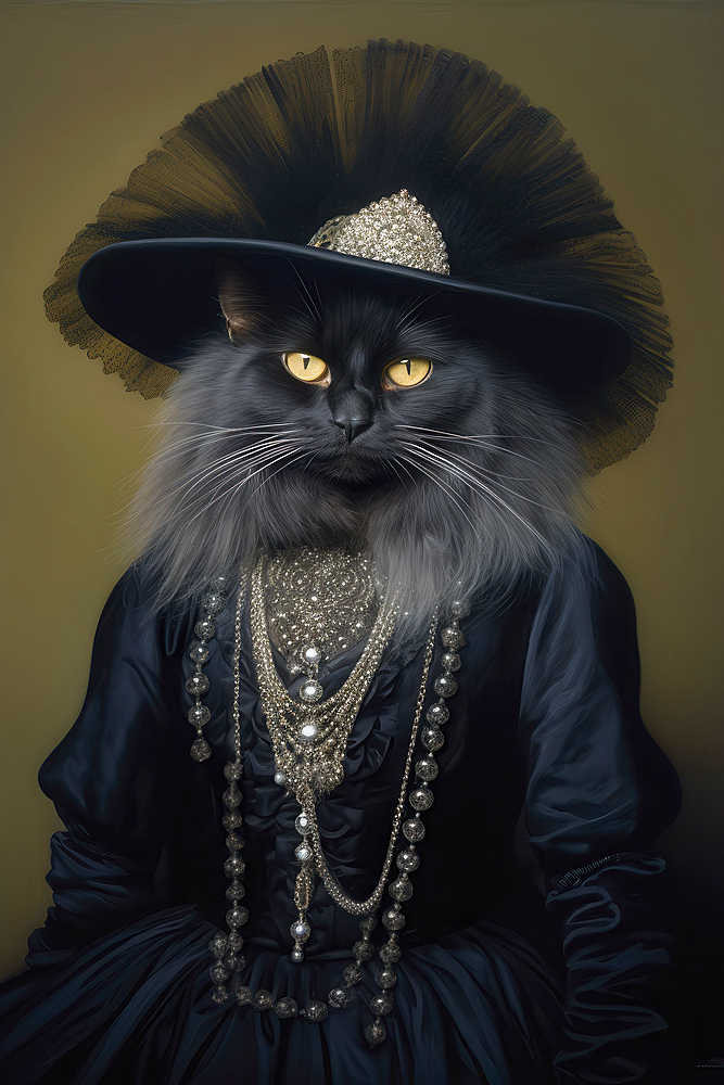 Black long-haired Angora Cat dressed in a sumptuous black attire and wearing a hat, AI generated