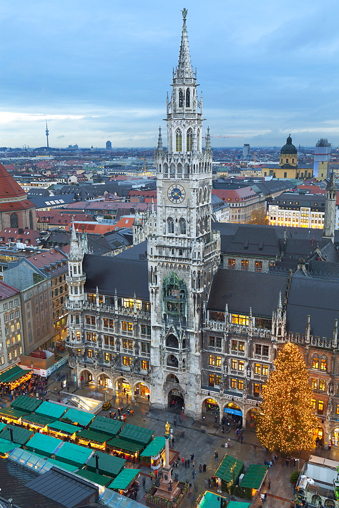 Overview of the Marienplatz Christmas Market and the New Town Hall, Munich, Bavaria, Germany, Europe