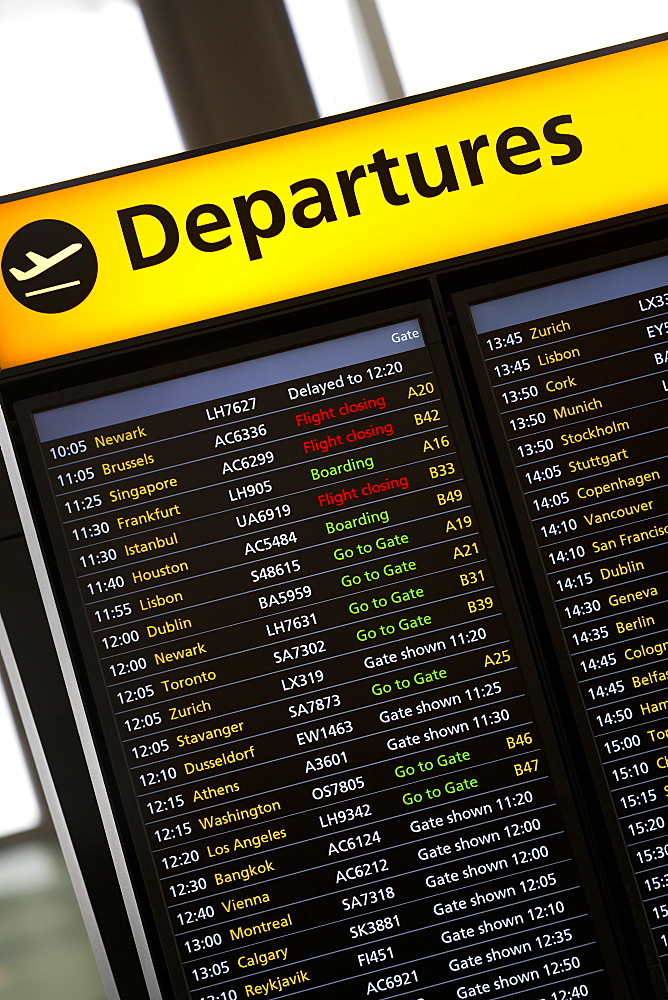 Departures Sign in London Heathrow Airport, London, England, United Kingdom, Europe