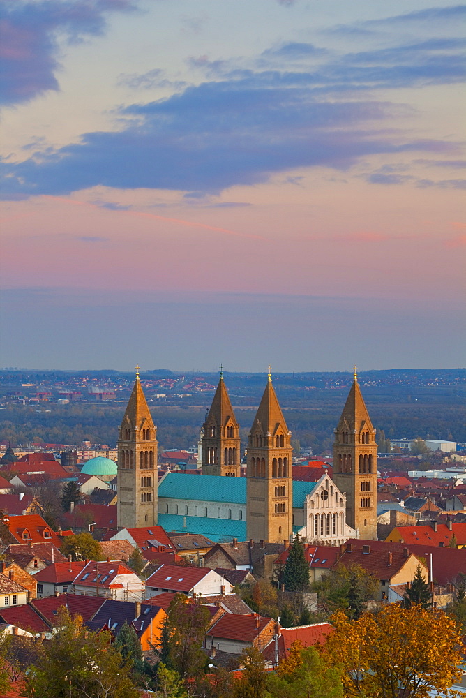 Elevated view over the Pecs Cathedral at sunset, Pecs, Hungary, Europe