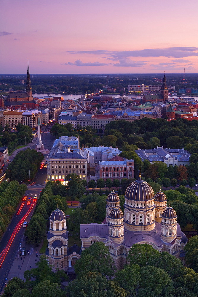 Elevated view at dusk over Old Town, UNESCO World Heritage Site, Riga, Latvia, Europe