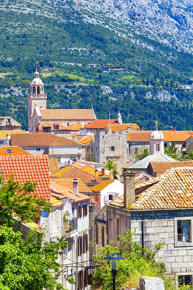 Elevated view over picturesque Korcula Town, Korcula, Dalmatia, Croatia, Europe