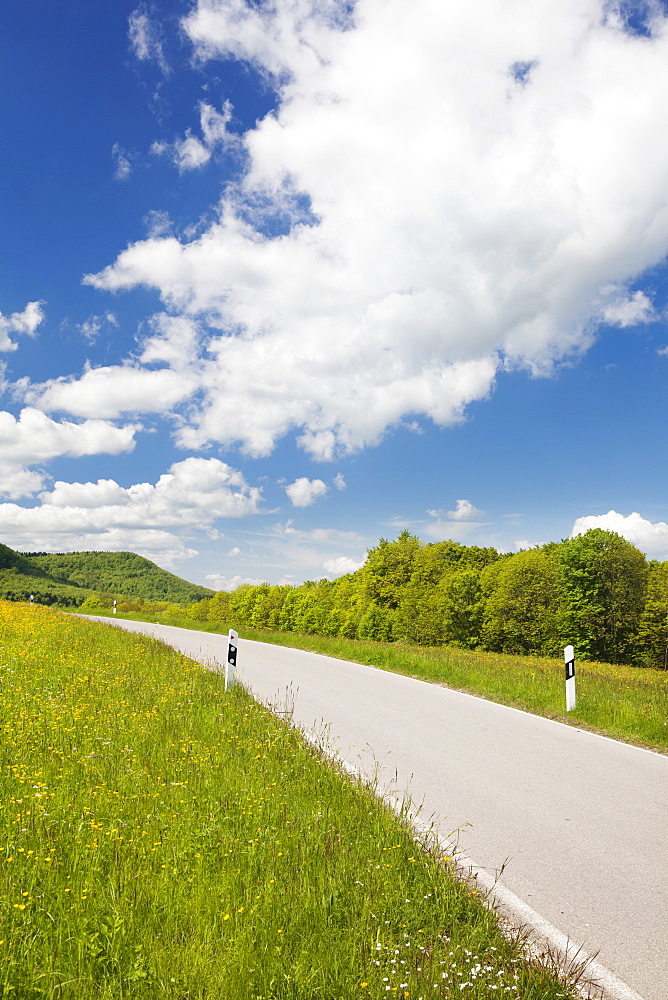 Road through a landscape with spring meadow, Swabian Alb, Baden Wurttemberg, Germany, Europe 