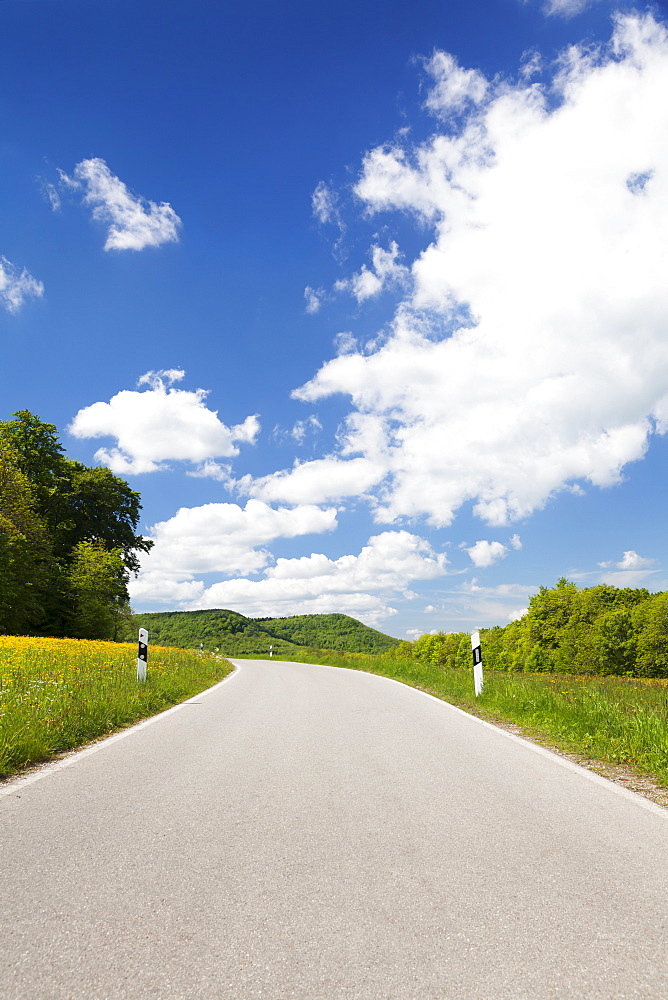 Road through a landscape with spring meadow, Swabian Alb, Baden Wurttemberg, Germany, Europe 