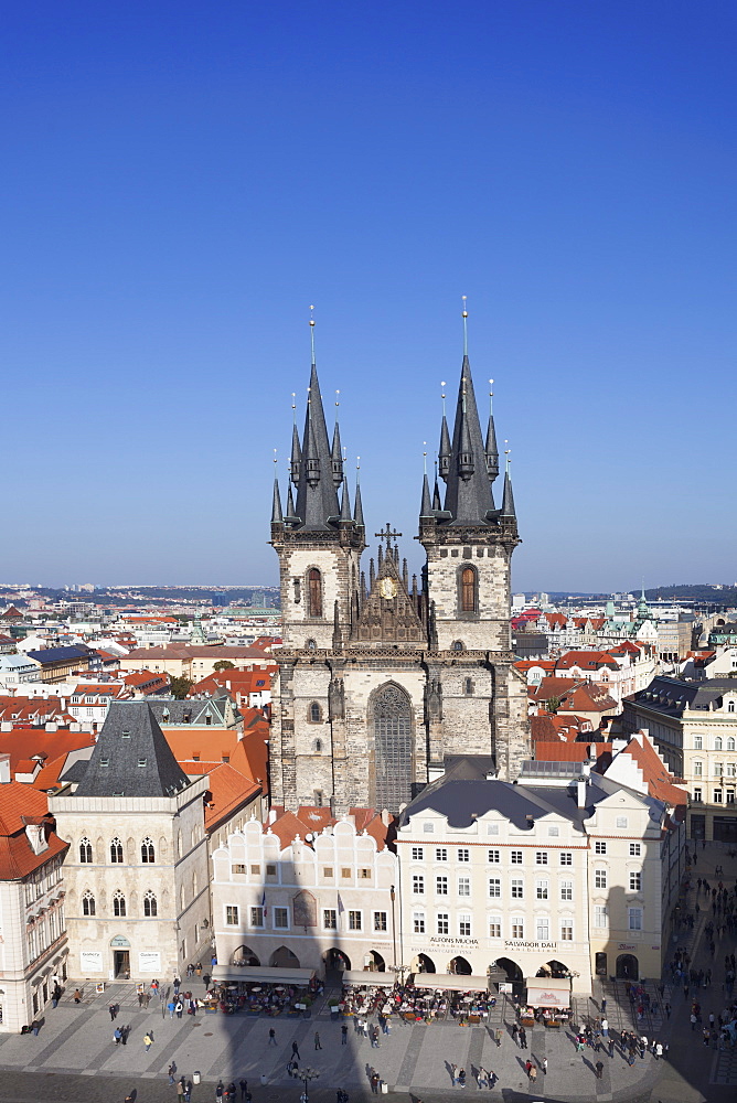 View over the Old Town Square (Staromestske namesti) with Tyn Cathedral (Church of Our Lady Before Tyn), Prague, Bohemia, Czech Republic, Europe