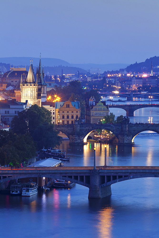 Vltava River with the bridges, Charles Bridge and the Old Town Bridge Tower, UNESCO World Heritage Site, Prague, Bohemia, Czech Republic, Europe