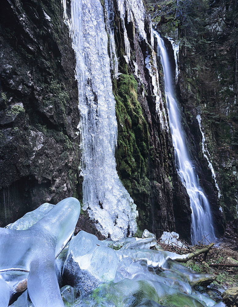 Ice sculptures, Burgbach Waterfall, Bad Rippldsau-Schappach, Black Forest, Baden Wurttemberg, Germany, Europe