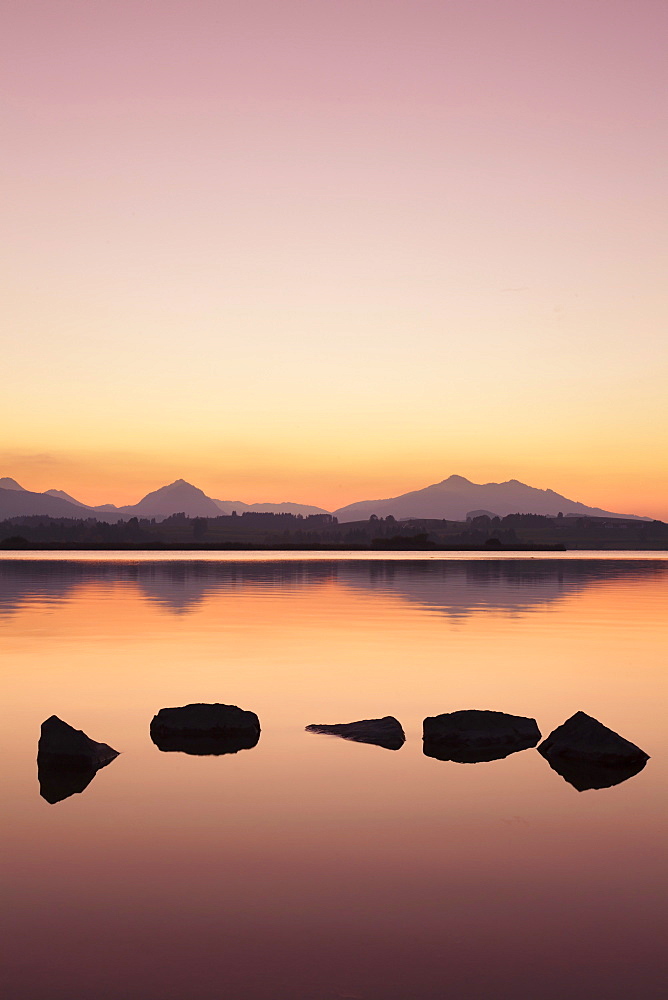 Sunset at Hopfensee Lake, near Fussen, Allgau, Allgau Alps, Bavaria, Germany, Europe 