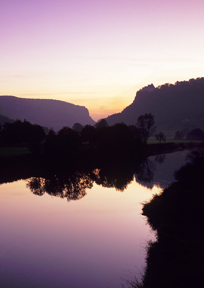 Schloss Werenwag Castle and Danube River at sunset, Danube Valley, Upper Danube Nature Park, Swabian Alb, Baden Wurttemberg, Germany, Europe