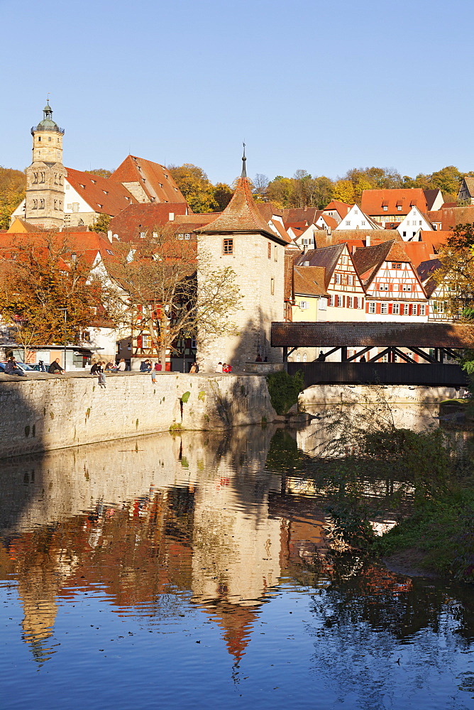 Kocher River and old town, Schwaebisch Hall, Hohenlohe, Baden Wurttemberg, Germany, Europe