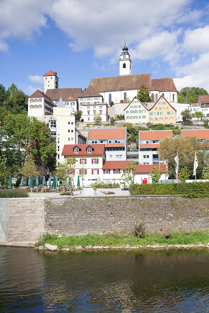 Old towm with Dominican Monastery and Stiftskirche Heilig Kreuz collegiate church and Neckar River, Horb am Neckar, Black Forest, Baden Wurttemberg, Germany, Europe