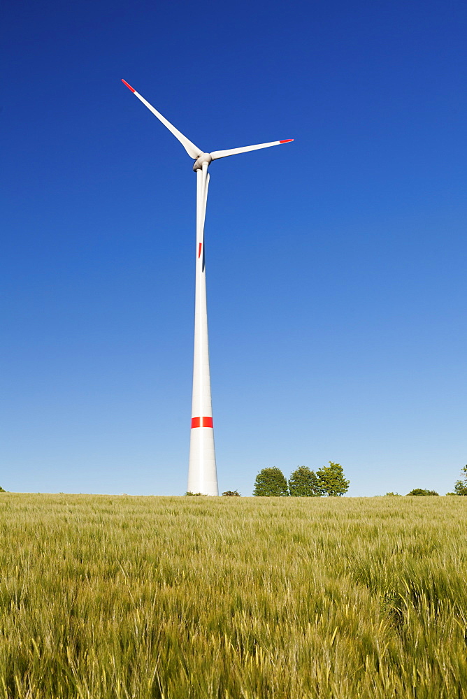 Wind turbine on a field in the evening light, Black Forest, Baden Wurttemberg, Germany, Europe