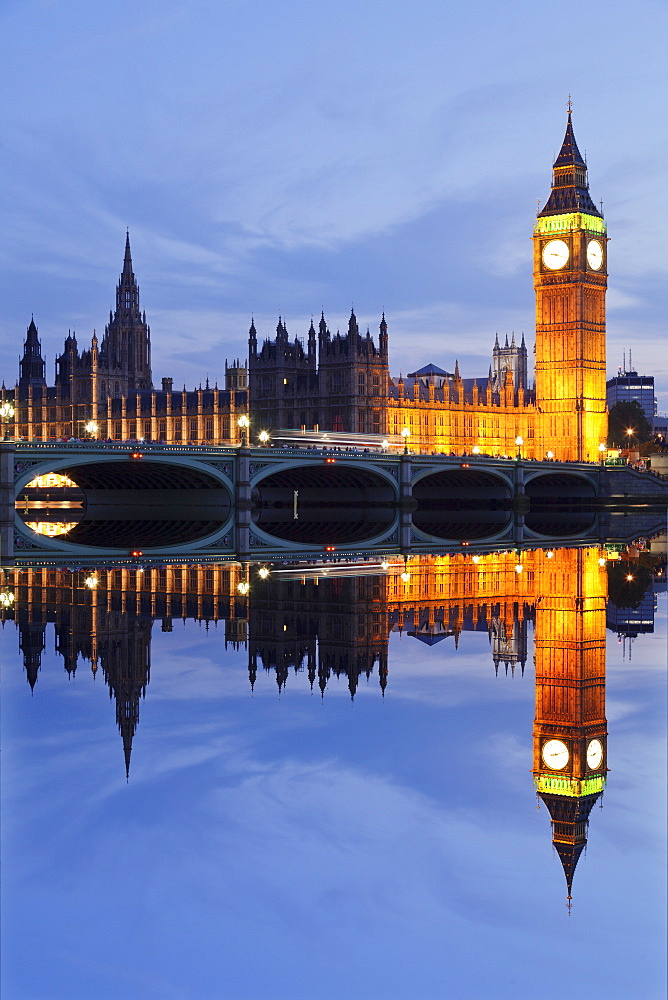 Big Ben and the Houses of Parliament, UNESCO World Heritage Site, and Westminster Bridge reflected in the River Thames, London, England, United Kingdom, Europe