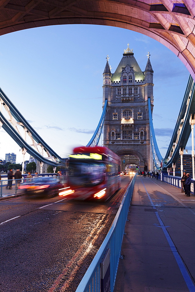 Red bus on Tower Bridge, London, England, United Kingdom, Europe