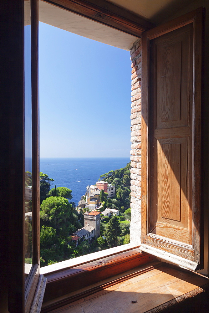 View from Castello Brown Castle to Chiesa San Giorgio church, Portofino, Riviera di Levante, Province of Genoa, Liguria, Italy, Europe