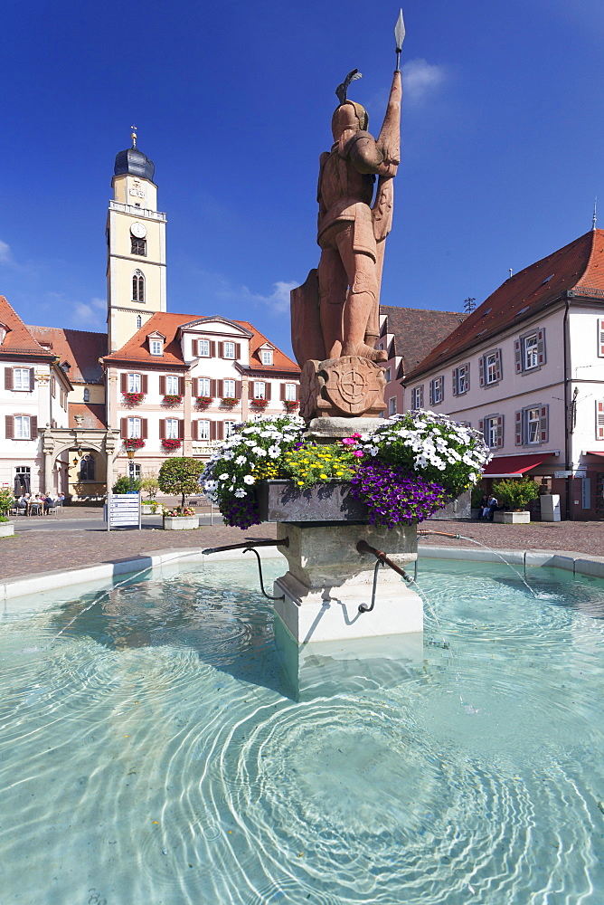 Market Square with twin houses and St. Johannes Baptist Cathedral, Bad Mergentheim, Taubertal Valley, Romantische Strasse (Romantic Road), Baden Wurttemberg, Germany, Europe