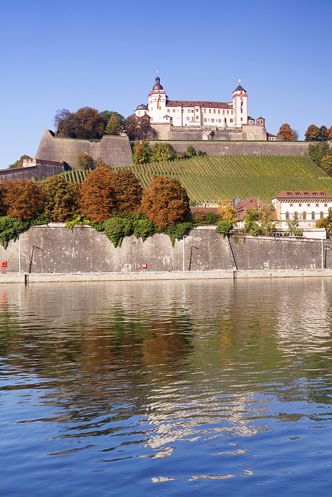 View over the main River to Marienberg Fortress and St. Burkard church in autumn, Wuerzburg, Franconia, Bavaria, Germany, Europe