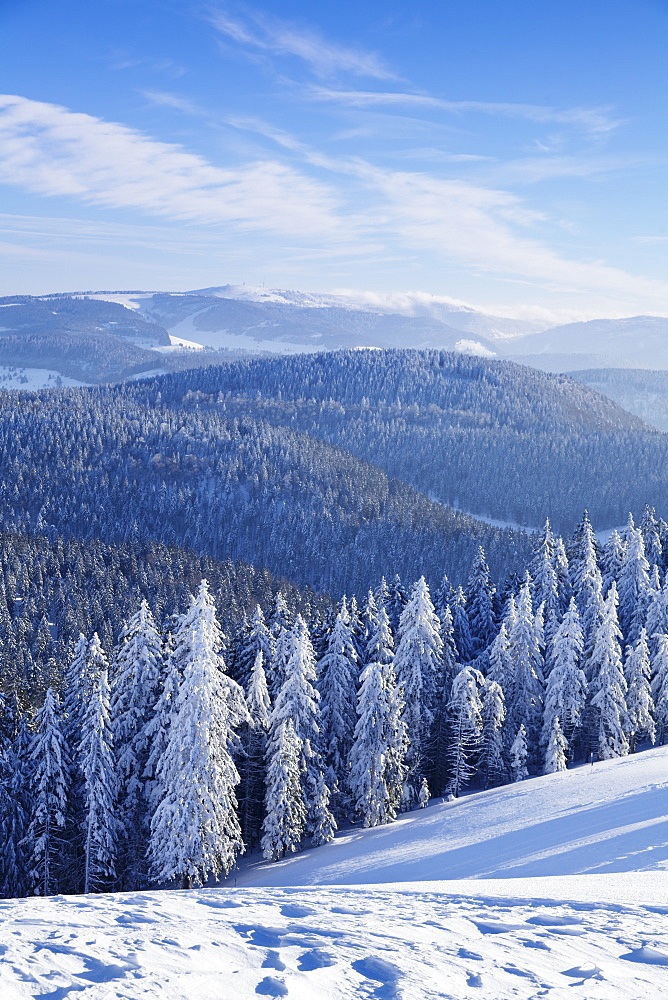 View from Belchen Mountain to Feldberg Mountain in winter, Black Forest, Baden-Wurttemberg, Germany, Europe