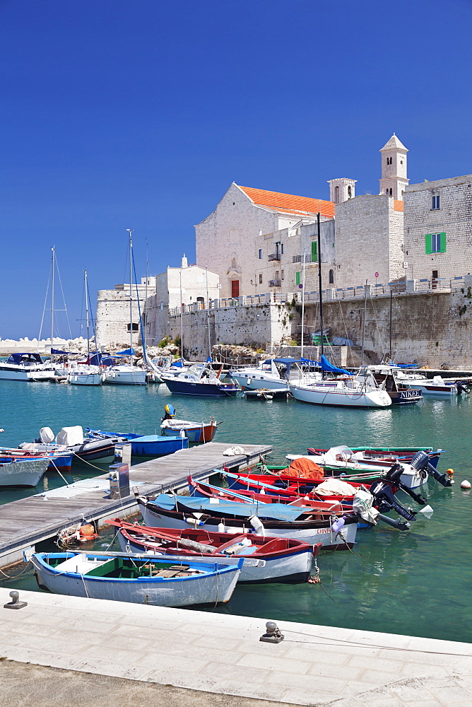 Fishing boats at the harbour, old town with cathedral, Giovinazzo, Bari district, Puglia, Italy, Europe