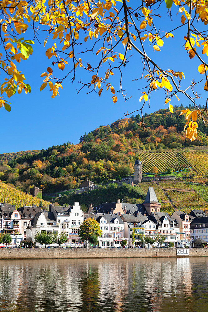 View over Moselle River to Zell and Runder Turm Tower, Rhineland-Palatinate, Germany, Europe