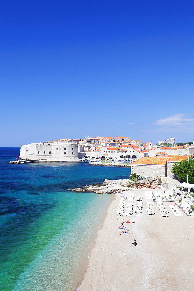 Banje Beach, Old harbour and Old Town, UNESCO World Heritage Site, Dubrovnik, Dalmatia, Croatia, Europe