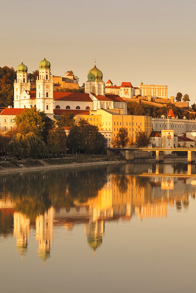 St. Stephen's Cathedral and Veste Oberhaus fortress at sunset in Passau, Germany, Europe